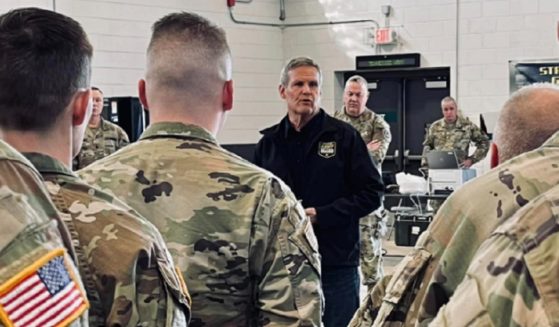 Tennessee Gov. Bill Lee addresses members of the state's National Guard on Saturday at the Millington Tennessee Army National Guard Armory.