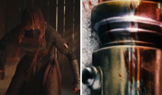 (L) This YouTube screen shot depicts a scene from the trailer of the upcoming Disney+ series "The Acolyte." (R) This Twitter screen shot shows a zoomed in hilt of a lightsaber from a promotional poster for "The Acolyte."