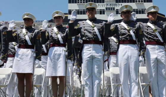 Graduating West Point cadets take the oath of commissioned officers during the commencement graduation ceremonies in May 2023.