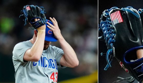 Chicago Cubs relief pitcher Luke Little is seen wearing the American flag glove during the team's baseball game against the Arizona Diamondbacks April 16 in Phoenix. A close-up, right, shows a better view of the flag.