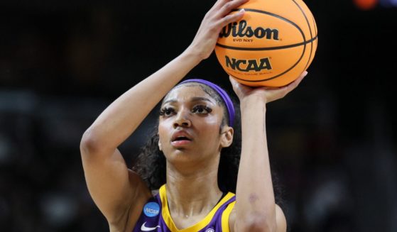 Angel Reese of the LSU Tigers shoots the ball during the first half against the Iowa Hawkeyes in the Elite 8 round of the NCAA Women's Basketball Tournament in Albany, New York, on Monday.