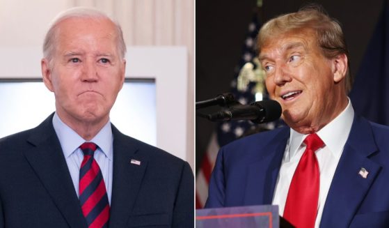 At left, President Joe Biden attends a meeting in the State Dining Room of the White House in Washington on March 5. At right, GOP presidential candidate and former President Donald Trump speaks at a campaign event in Grand Rapids, Michigan, on Tuesday.