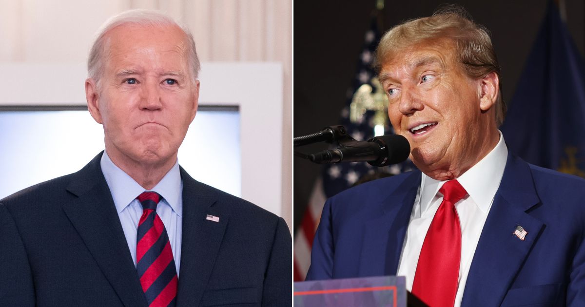 At left, President Joe Biden attends a meeting in the State Dining Room of the White House in Washington on March 5. At right, GOP presidential candidate and former President Donald Trump speaks at a campaign event in Grand Rapids, Michigan, on Tuesday.