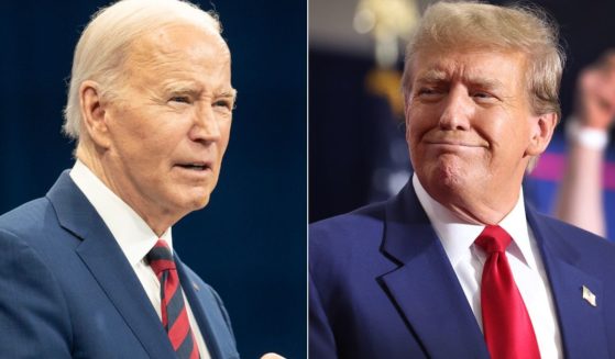 According to a new poll, former President Donald Trump, right, is leading President Joe Biden, left, in six of seven swing states.