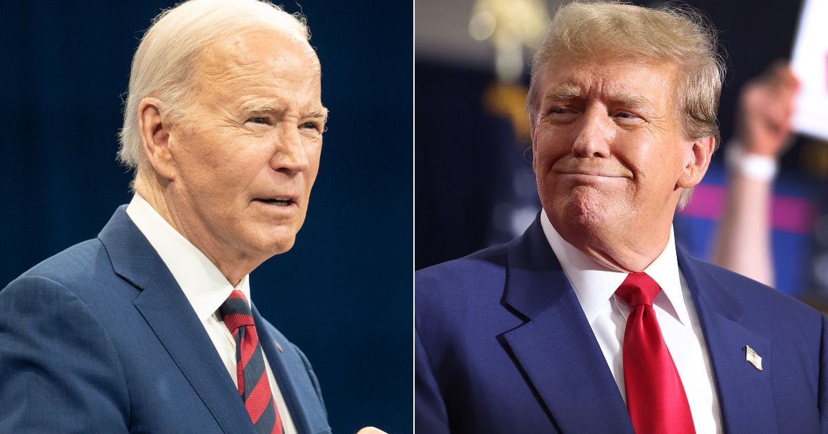 According to a new poll, former President Donald Trump, right, is leading President Joe Biden, left, in six of seven swing states.