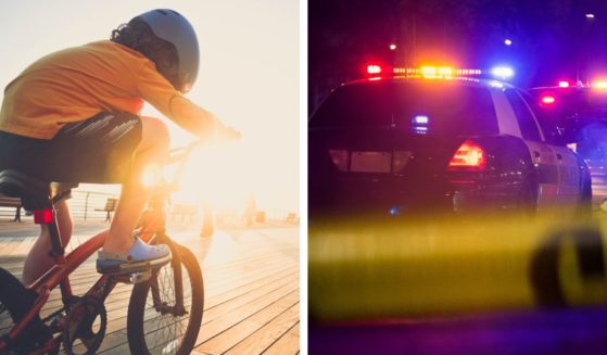Images of a boy on a bike and flashing lights on top of a police car are shown.