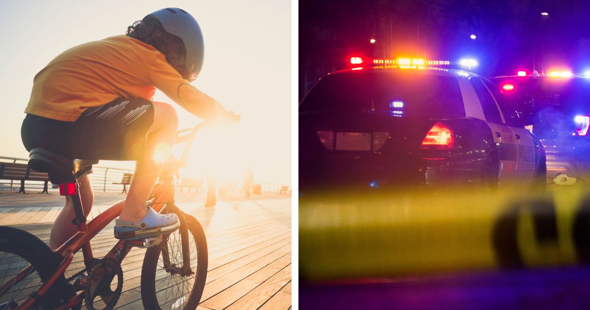Images of a boy on a bike and flashing lights on top of a police car are shown.