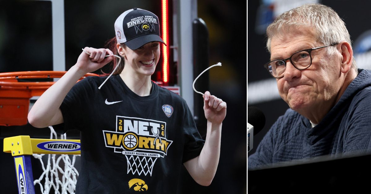 At left, Caitlin Clark of the Iowa Hawkeyes cuts down the net after beating the LSU Tigers 94-87 in the Elite Eight round of the NCAA Tournament at MVP Arena in Albany, New York, on Monday. Her next opponent is the UConn Huskies, coached by Geno Auriemma, right.