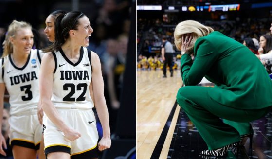 At left, Iowa superstar Caitlin Clark celebrates during the second half against LSU Tigers in the NCAA Tournament at MVP Arena in Albany, New York, on Monday. At right, LSU head coach Kim Mulkey reacts during the second half.