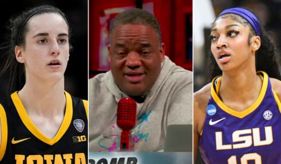Sports commentator Jason Whitlock, center, made the claim on his podcast that newly-minted WNBA stars Caitlin Clark, left, and Angel Reese, right, are overpaid, not underpaid.