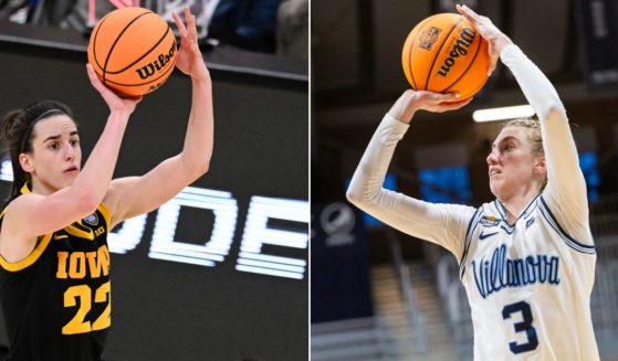 Villanova's Lucy Olsen, right, has announced she is transferring to Iowa as the team tries to cope with the loss of Caitlin Clark, who has moved on to the WNBA.