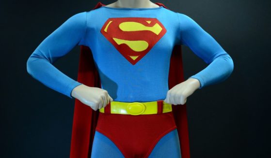 The Superman costume worn by Christopher Reeves in "Superman: The Movie" displayed at Profiles in Hisotry in Los Angeles.