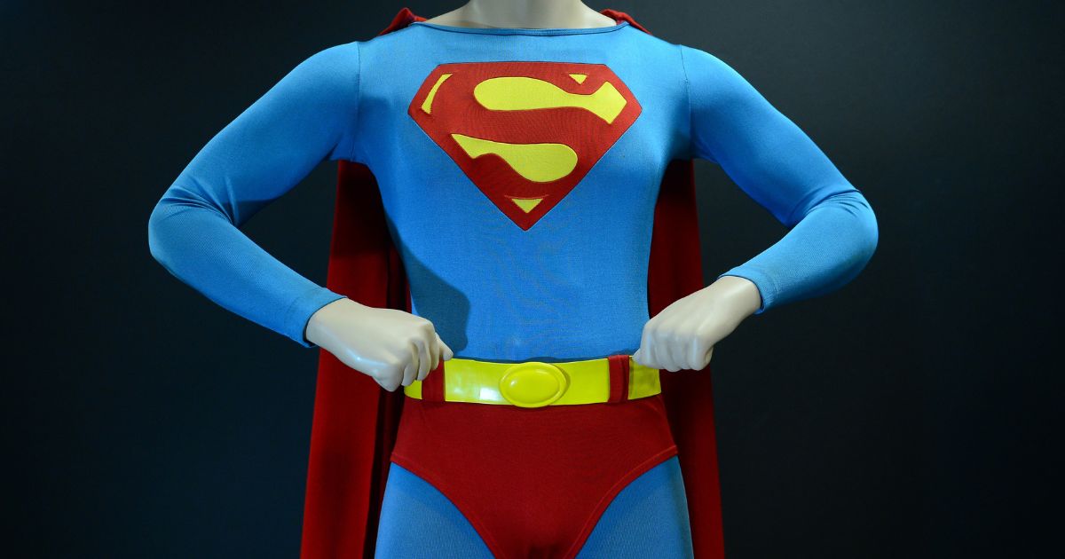 The Superman costume worn by Christopher Reeves in "Superman: The Movie" displayed at Profiles in Hisotry in Los Angeles.