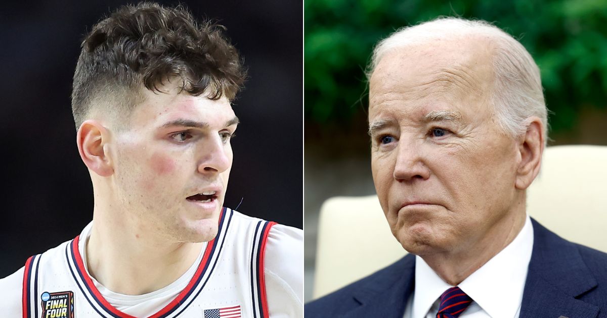 UCONN men's basketball player Donovan Clingan , left, recently recalled his visit to the White House after winning the NCAA National Championship last year. According to Clingan, President Joe Biden, right, was difficult to understand.