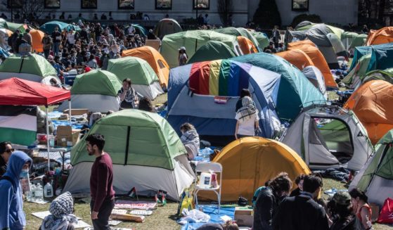 An encampment set up by anti-Israel protesters on the Columbia University campus in New York is seen on Tuesday.