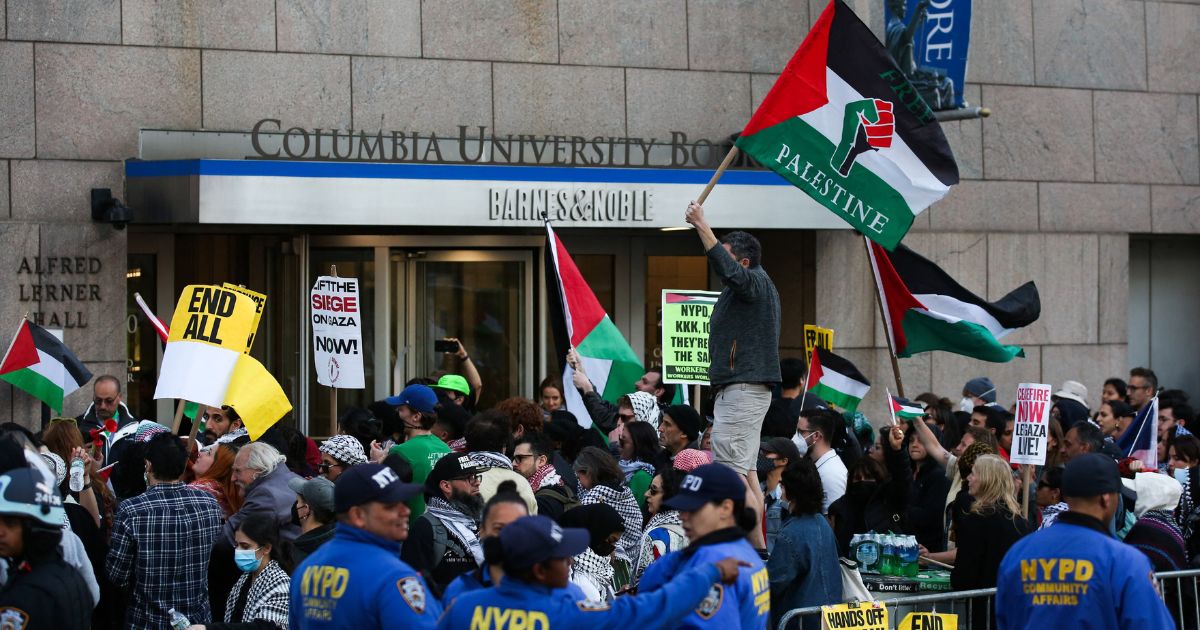 Anti-Israel activists protest outside Columbia University in New York City on Saturday.