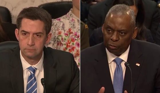 During a Senate Armed Services Committee hearing on April 9, Sen. Tom Cotton, left, asked Defense Secretary Lloyd Austin, right, if there was any evidence of Israel committing genocide in Gaza.