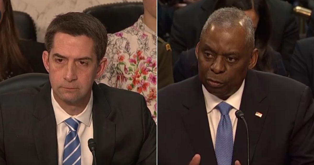 During a Senate Armed Services Committee hearing on Tuesday, Sen. Tom Cotton, left, asked Defense Secretary Lloyd Austin, right, if there was any evidence of Israel committing genocide in Gaza.