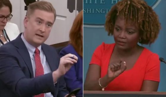 During Tuesday's White House daily briefing, Fox News correspondent Peter Doocy, left, questioned White House press secretary Karine Jean-Pierre, right, over the difference between former President Donald Trump and President Joe Biden using the term "bloodbath."