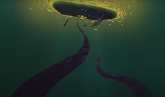 Two tentacles belonging to an unknown sea creature reach up for a ship in the video game "Dredge."