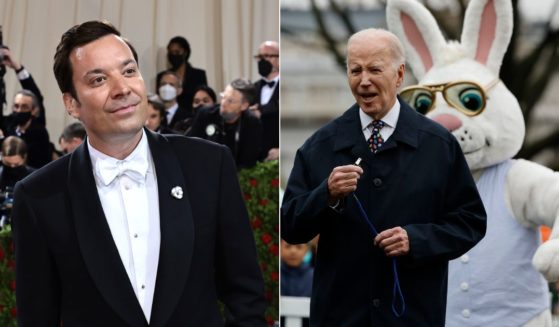 On Monday night, Jimmy Fallon, left, said that he had to tell President Joe Biden, right, to stop talking to the Easter Bunny at the White House Easter Egg Roll in 2023.