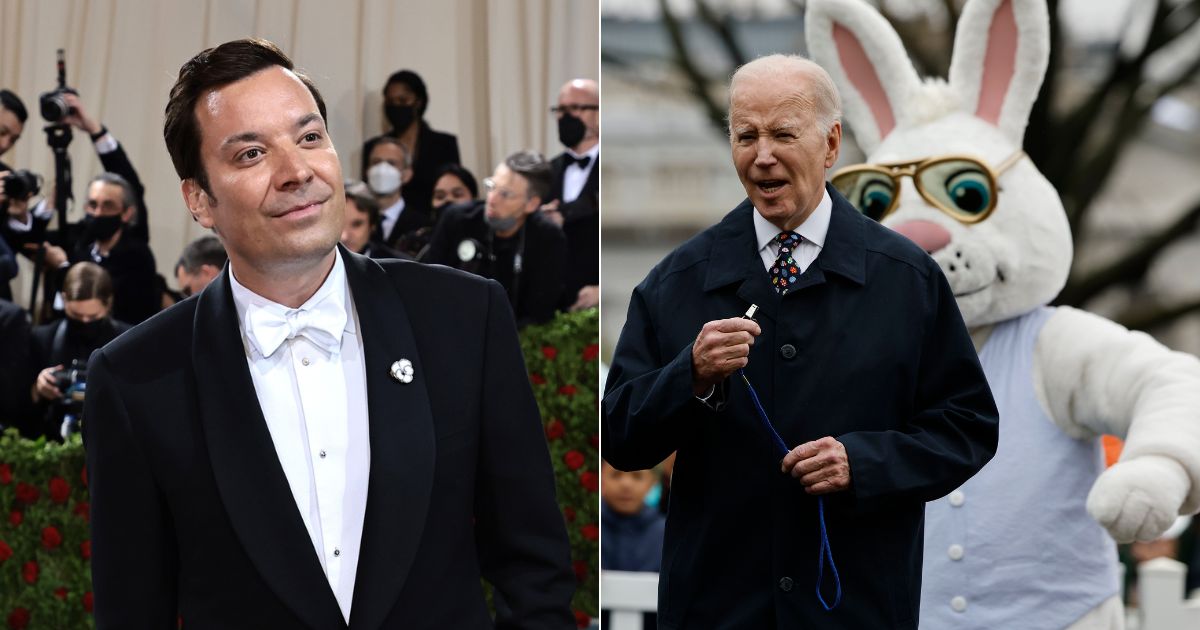On Monday night, Jimmy Fallon, left, said that he had to tell President Joe Biden, right, to stop talking to the Easter Bunny at the White House Easter Egg Roll in 2023.