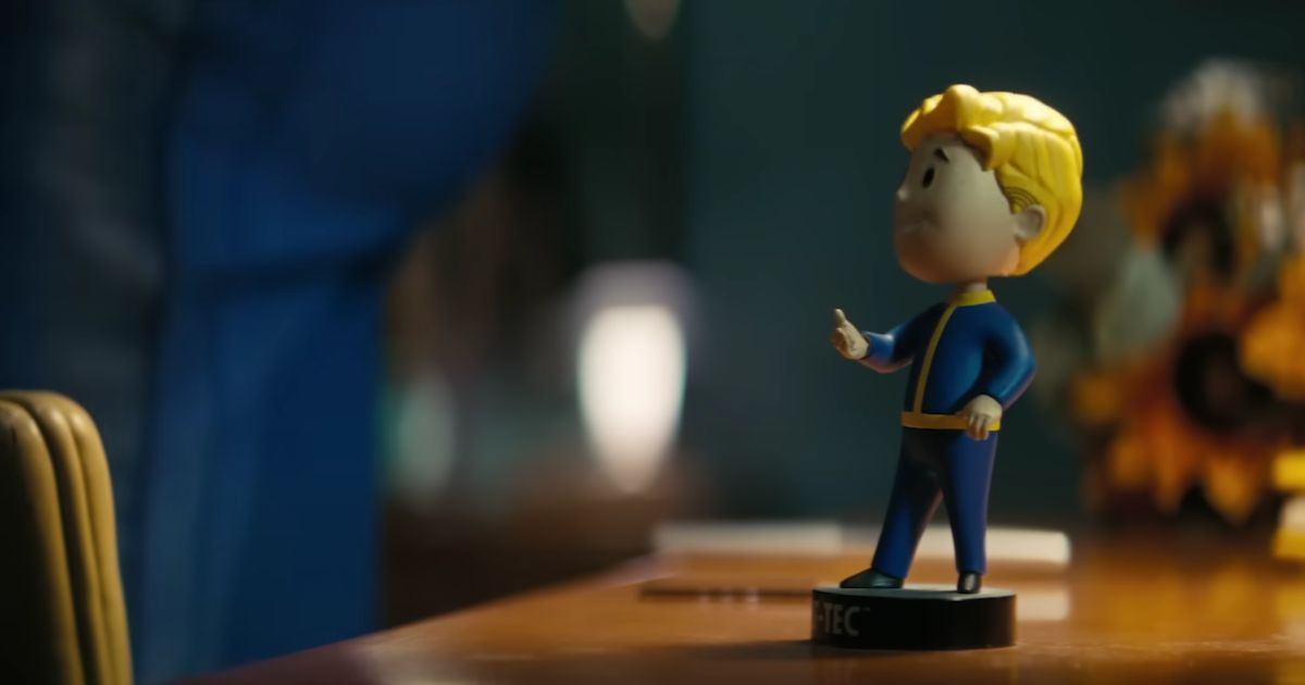 The iconic Vault-Tec bobblehead figure from the Fallout franchise as shown in the Prime Video "Fallout" television series.