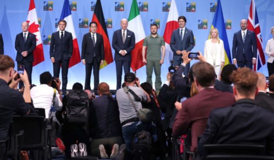 (From L to R) British Prime Minister Rishi Sunak, German Chancellor Olaf Scholz, French President Emmanuel Macron, Japanese Prime Minister Fumio Kishida, U.S. President Joe Biden, Ukrainian President Volodomyr Zelenskyy, Canadian Prime Minister Justin Trudeau, Italian Prime Minister Giorgia Meloni, President of the European Council Charles Michel and President of the European Commission Ursula von der Leyen pose for a group photo following the announcement of the G7 nations' joint declaration for the support of Ukraine on July 12 in Vilnius, Lithuania.