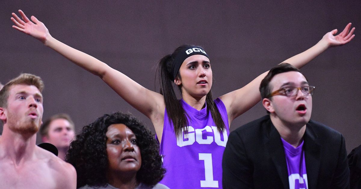 Grand Canyon Lopes fans cheer during a semifinal game of the Western Athletic Conference basketball tournament between the Lopes and Utah Valley Wolverines at the Orleans Arena on March 9, 2018 in Las Vegas, Nevada.