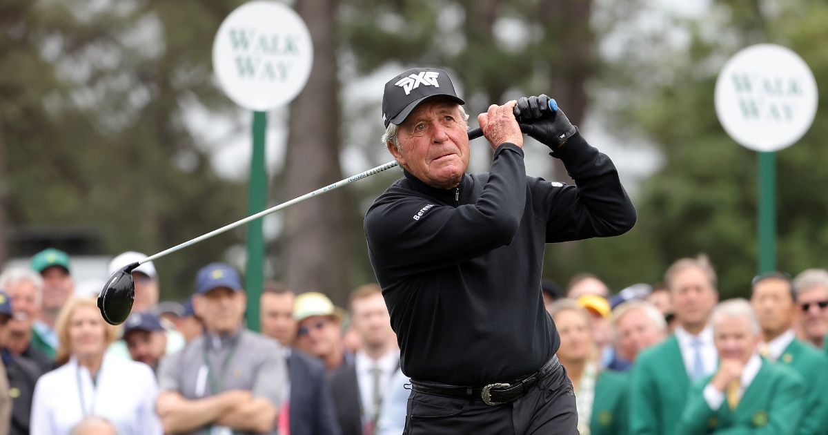 Gary Player of South Africa plays his tee shot in the Honorary Starters ceremony prior to the first round of the 2024 Masters Tournament at Augusta National Golf Club Thursday in Augusta, Georgia.