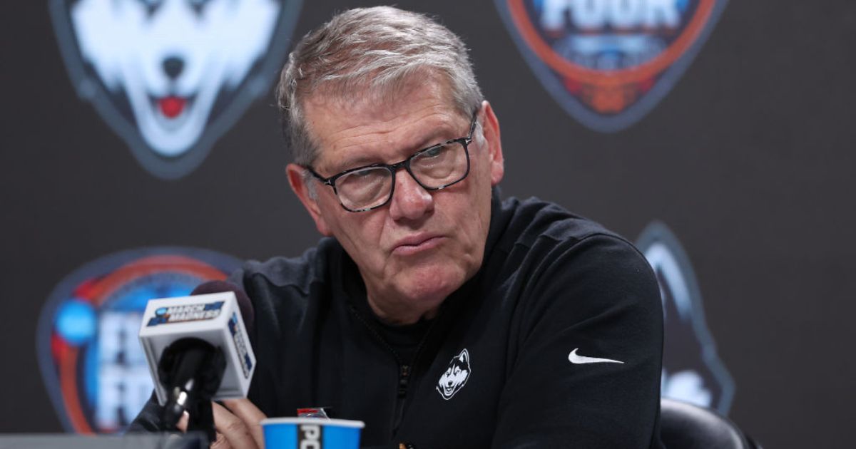 Head coach Geno Auriemma of the UConn Huskies speaks with the media after losing to the Iowa Hawkeyes in the NCAA Women's Basketball Tournament Final Four semifinal game Friday in Cleveland, Ohio. Iowa defeated Connecticut 71-69.