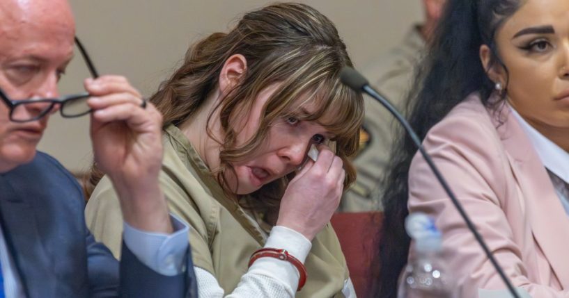 Hannah Gutierrez-Reed wipes her tears at her sentencing hearing in state district court in Santa Fe, New Mexico, on Monday.