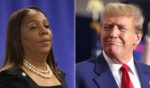 At left, New York Attorney General Letitia James arrives for a news conference following a verdict against former U.S. President Donald Trump in a civil fraud trial in New York City on Feb. 16. At right, Trump speaks during a rally in Green Bay, Wisconsin, on April 2.