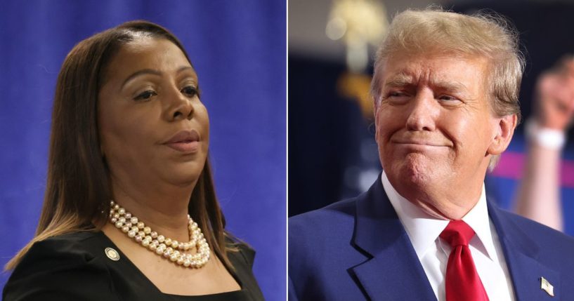 At left, New York Attorney General Letitia James arrives for a news conference following a verdict against former U.S. President Donald Trump in a civil fraud trial in New York City on Feb. 16. At right, Trump speaks during a rally in Green Bay, Wisconsin, on April 2.