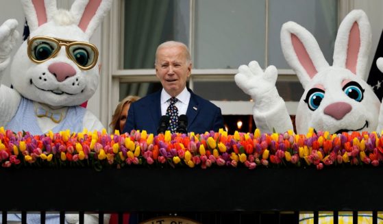 President Joe Biden address guests from the Truman Balcony during the White House Easter Egg Roll on the South Lawn of the White House in Washington, D.C, on Monday.