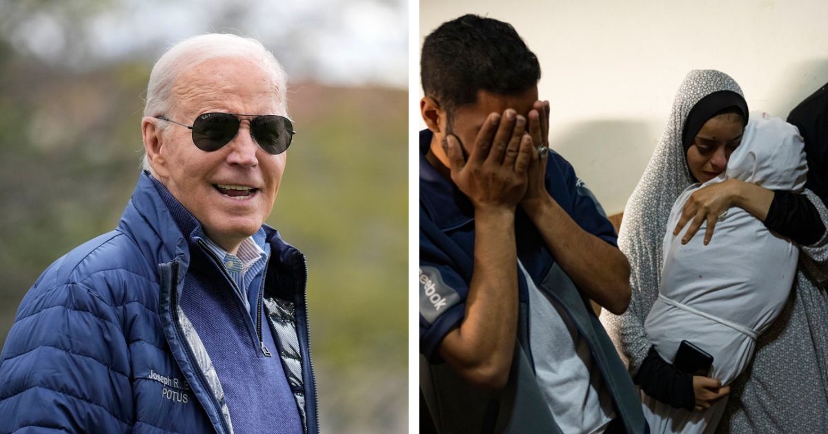 President Joe Biden at the White House Friday. At right, members of the Abu Draz family mourn their relatives killed in the Israeli bombardment of the Gaza Strip, at their house in Rafah, southern Gaza, Thursday.