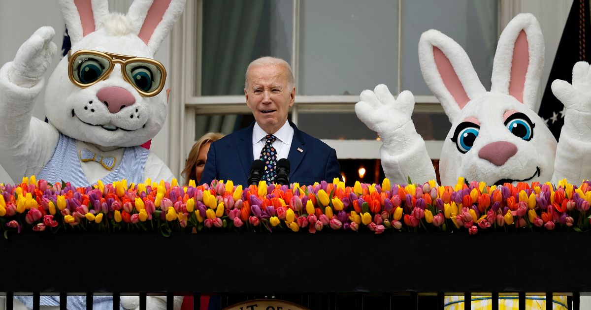 President Joe Biden address guests from the Truman Balcony during the White House Easter Egg Roll on the South Lawn of the White House in Washington, D.C, on Monday.