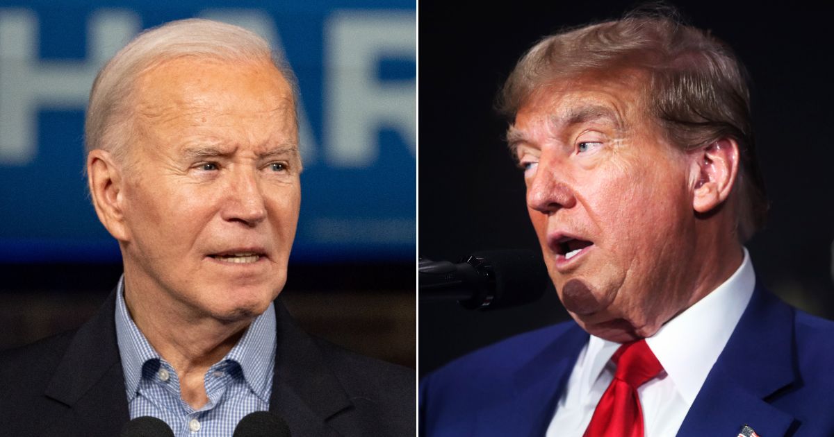 At left, President Joe Biden speaks at a campaign event at Pullman Yards in Atlanta on March 9. At right, former President Donald Trump speaks at a campaign event in Grand Rapids, Michigan, on April 2.