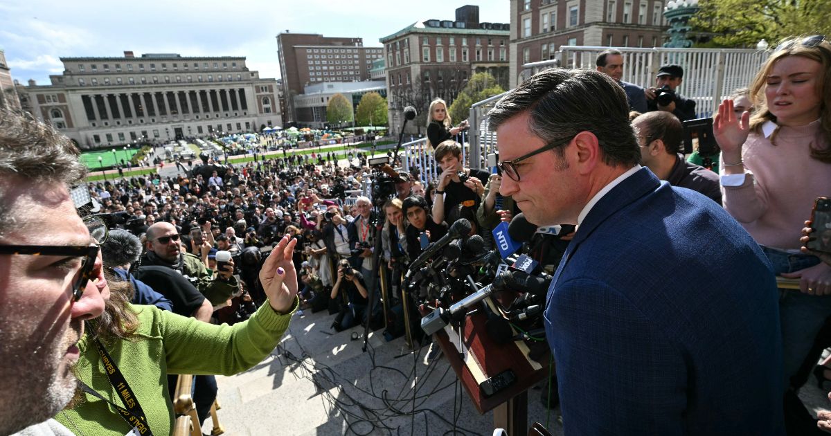 House Speaker Mike Johnson takes questions from reporters after meeting with Jewish students as anti-Israel students and activists stage a protest on the campus of Columbia University in New York City on Wednesday.