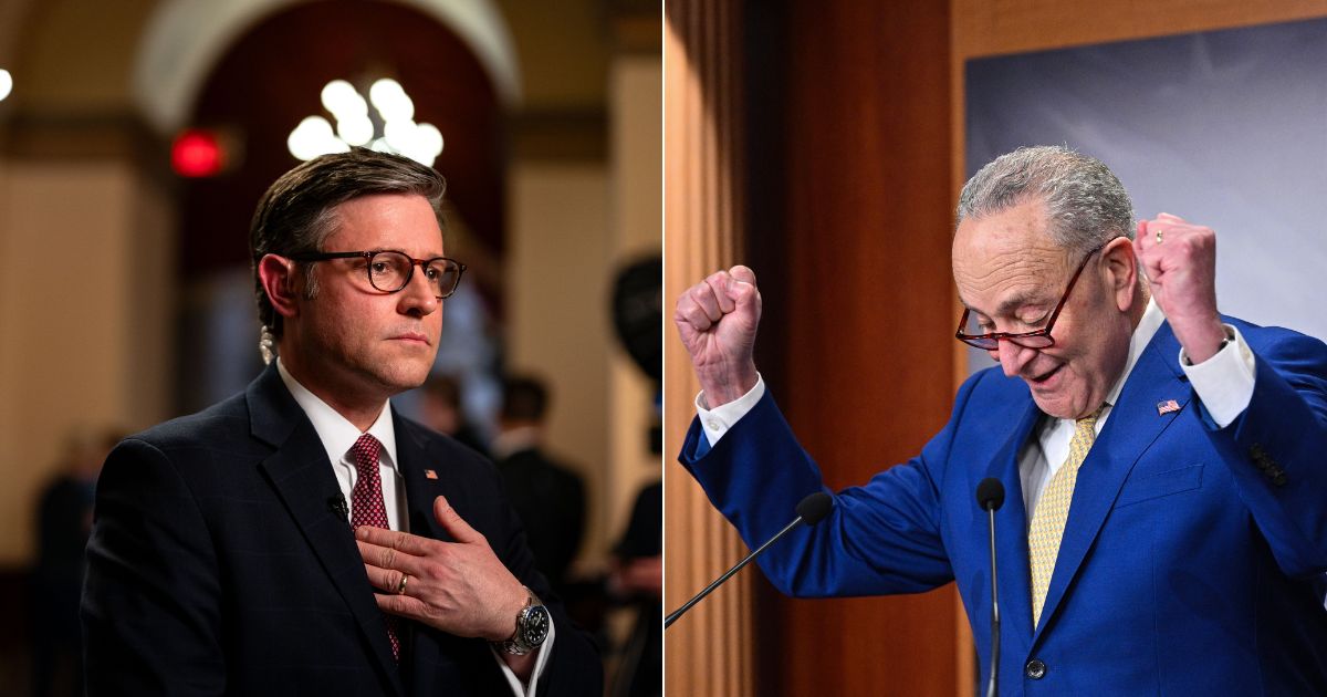 Senate Majority Chuck Schumer, right, has praised Speaker of the House Mike Johnson, left, for helping push through several bills over the weekend that will send foreign aid to several countries, including Ukraine.