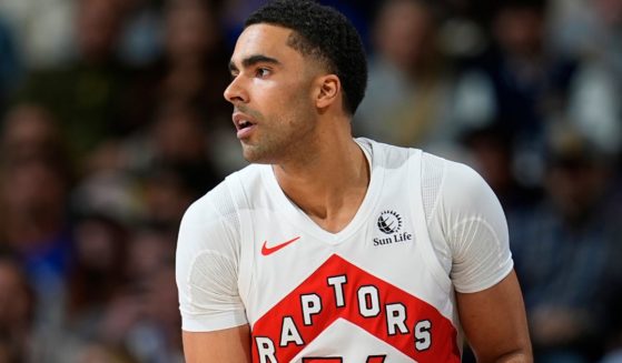 Toronto Raptors center Jontay Porter plays in the first half against the Denver Nuggets in Denver, Colorado, on March 11. On Wednesday, Porter was banned from the NBA for life.