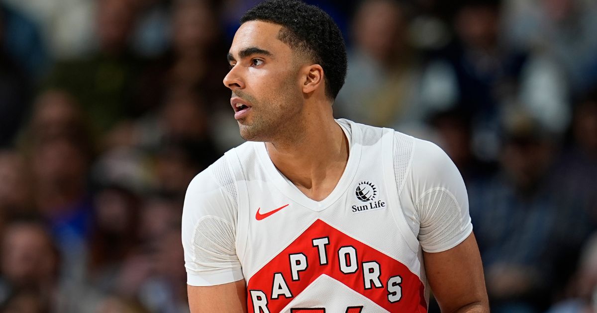Toronto Raptors center Jontay Porter plays in the first half against the Denver Nuggets in Denver, Colorado, on March 11. On Wednesday, Porter was banned from the NBA for life.