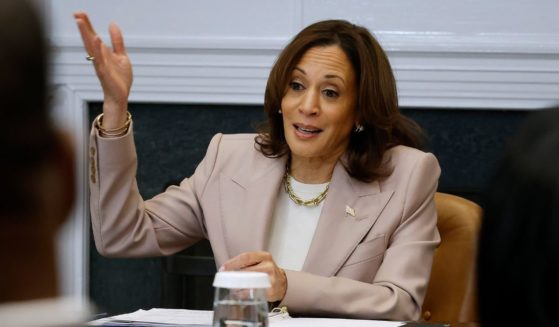 Vice President Kamala Harris hosts a roundtable discussion on criminal justice reform in the Roosevelt Room of the White House in Washington on April 25.