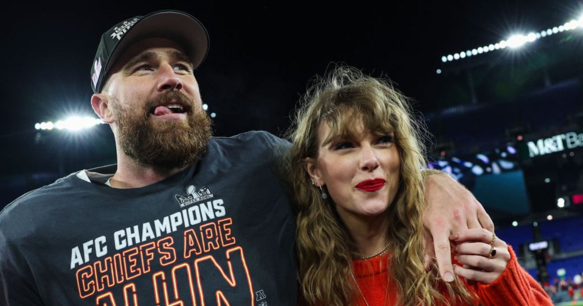 Travis Kelce, of the Kansas City Chiefs, (L) celebrates with Taylor Swift after defeating the Baltimore Ravens in the AFC Championship Game at M&T Bank Stadium on Jan. 28 in Baltimore, Maryland.
