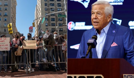 New England Patriots owner Robert Kraft, right, has announced he has pulled his funding to Columbia University After massive pro-Palestinian protests, left, have overtaken the campus.