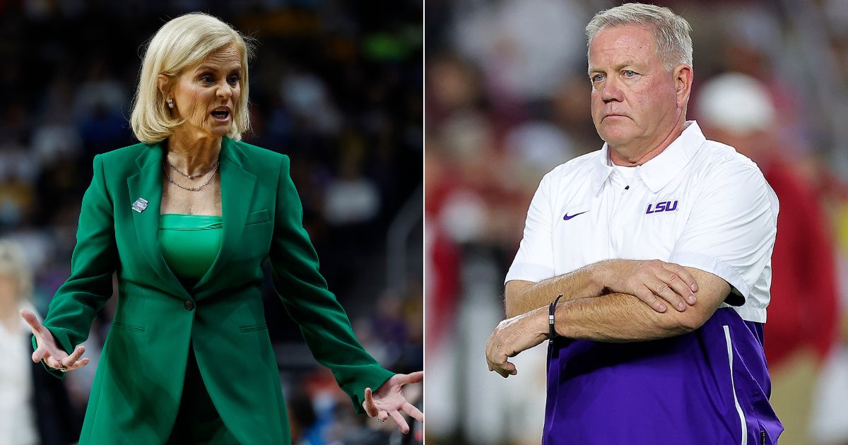 LSU football coach Brian Kelly, right, offered his opinion after LSU women's basketball coach Kim Mulkey, left, and her team were noticeably absent from the court during the playing of the national anthem on April 1, ahead of their game against the University of Iowa.