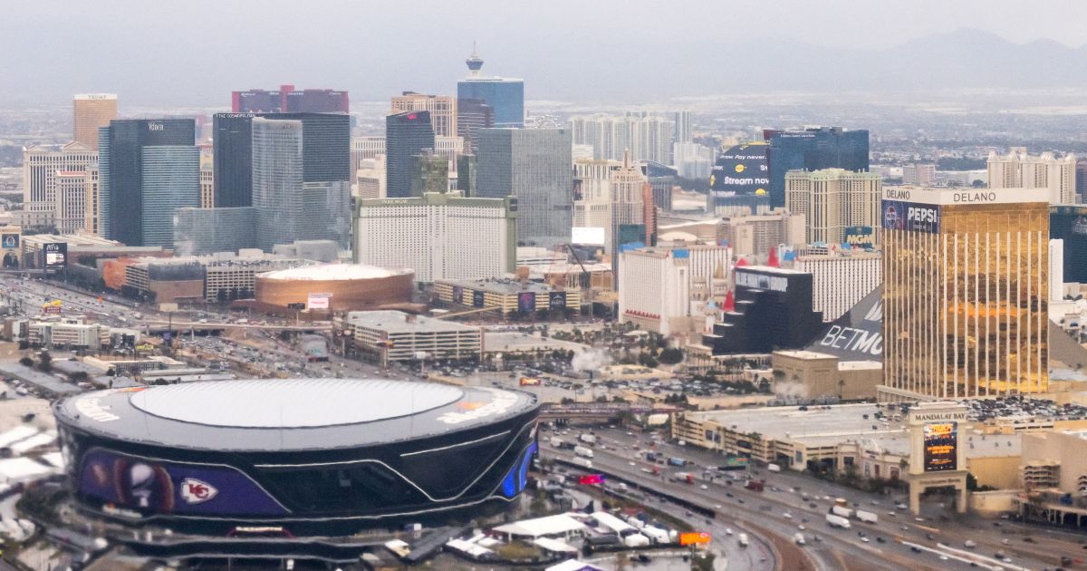 The skyline of the strip in Las Vegas is pictured ahead of Superbowl LVIII on Feb. 5.