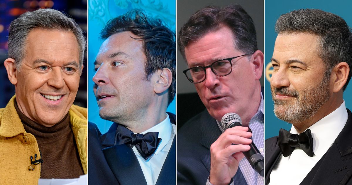 Fox News has signed late-night host Greg Gutfeld, left, to a new contract, which is bad news for competitors, from left, Jimmy Fallon, Stephen Colbert and Jimmy Kimmel.