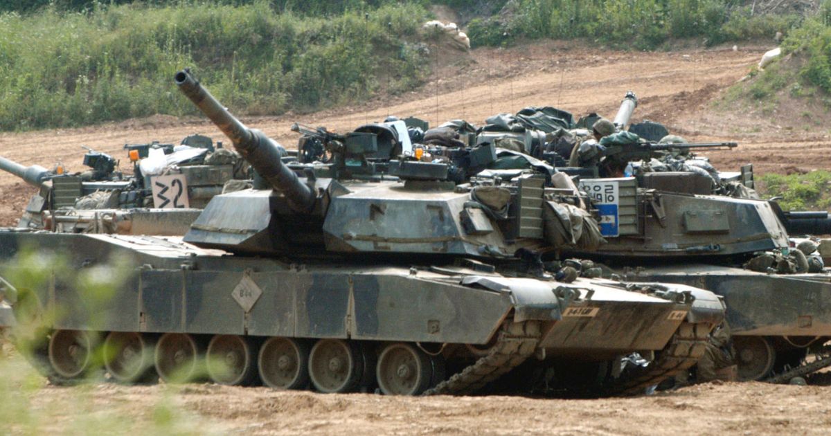 U.S. M1-A1 Abrams tanks are seen in an April 11 photo near Seoul, South Korea. Russian drones have taken out 5 of 31 Abrams tanks the U.S. provided to Ukraine, according to news reports.