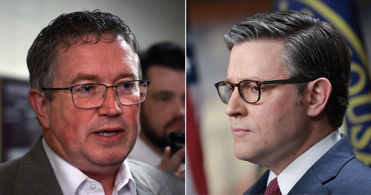 Republican Rep. Thomas Massie, left, said he has asked House Speaker Mike Johnson, right, to step down.